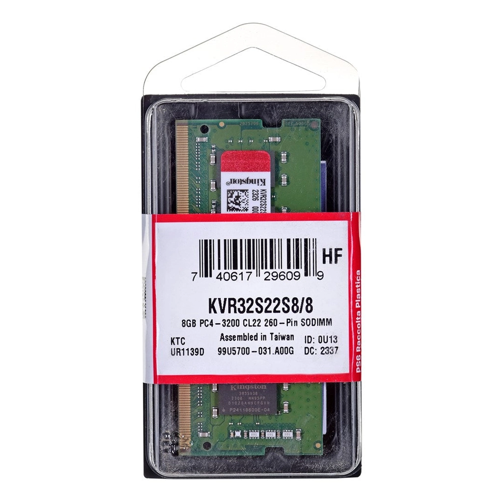 MEMÓRIA RAM NOTEBOOK 8GB KINGSTON VALUERAM KVR32S22S8/8 DDR4-3200 CL22 SODIMM 1,2V