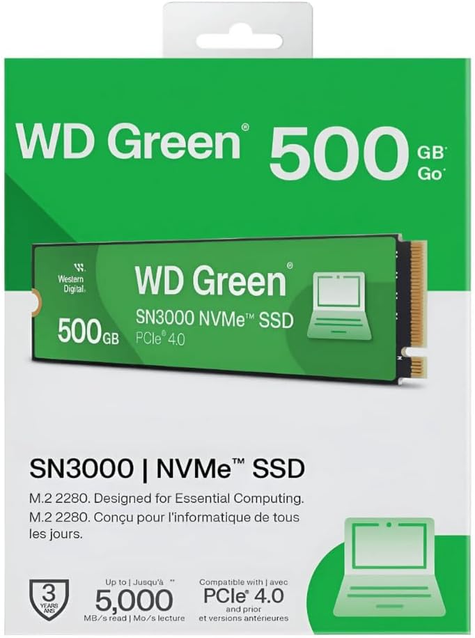 SSD 500GB WESTERN DIGITAL WD GREEN SN3000 M.2 2280 NVME PCIE 4.0 X4 WDS500G4G0E